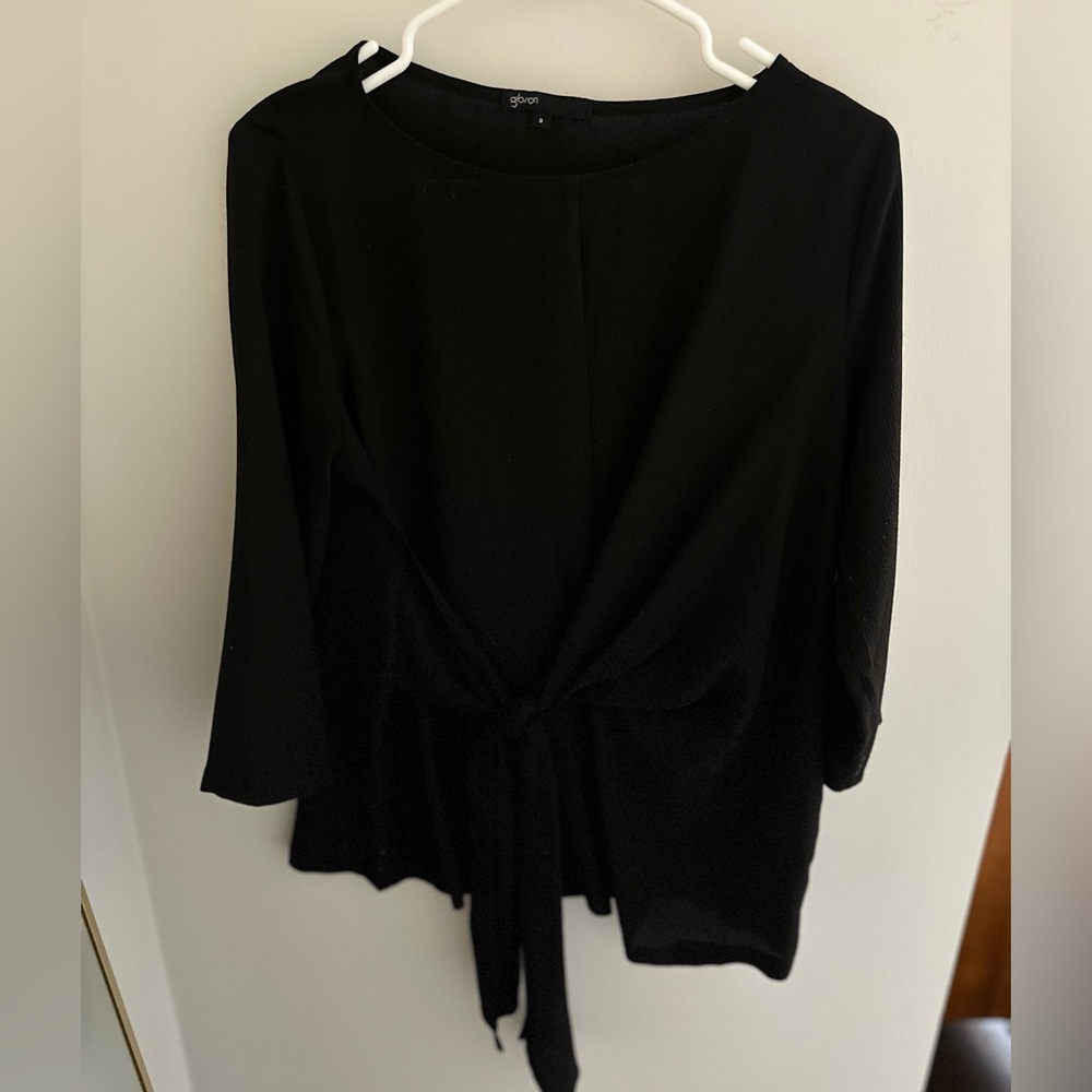 Textured black blouse with front tie detail